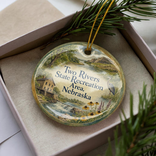 A decorative ornament in a box, featuring a scenic landscape with a river, buildings, and greenery.