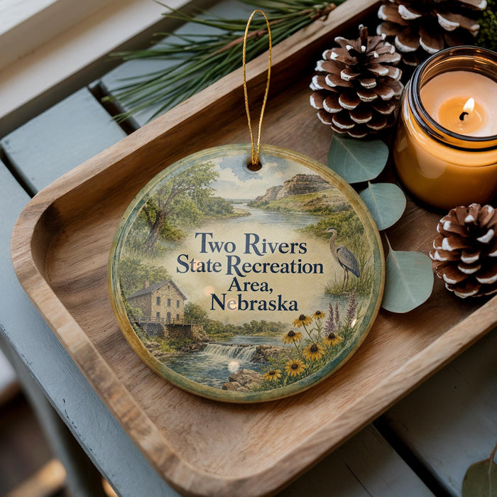 A decorative ornament with a scenic image of a river and a house, along with the text "Two Rivers State Recreation Area, Nebraska" is displayed on a wooden tray.