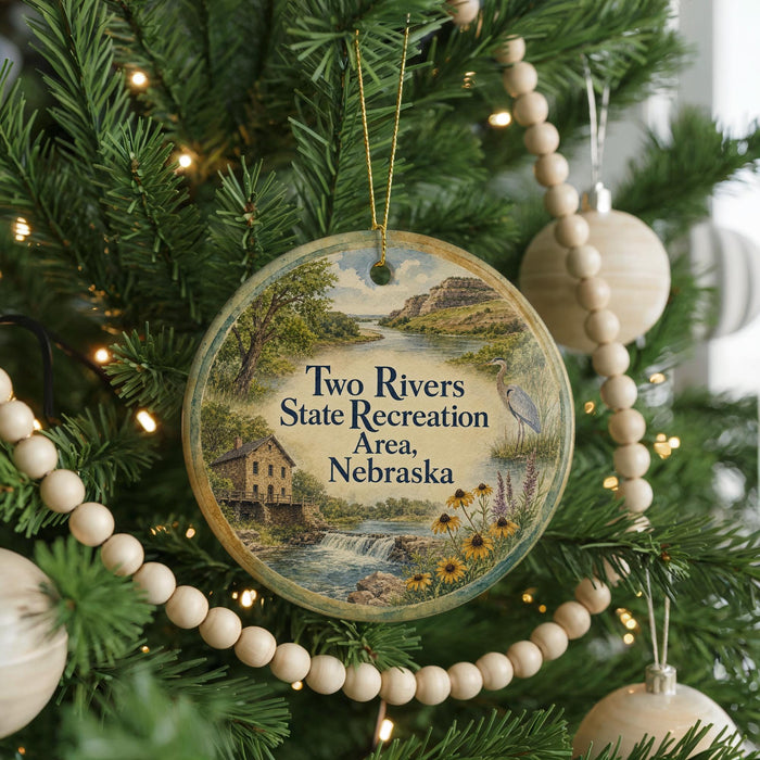 A Christmas tree decorated with ornaments, including a circular ornament with a scenic image of the Two Rivers State Recreation Area in Nebraska.