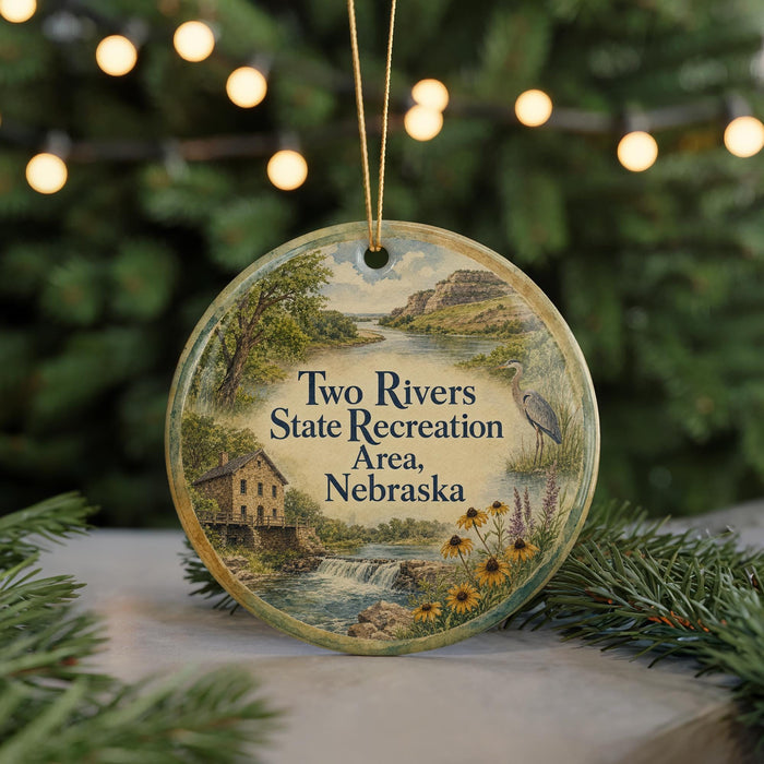 A round ornament with a scenic illustration of a river and a house, surrounded by greenery, is displayed in front of a blurred background with twinkling lights.