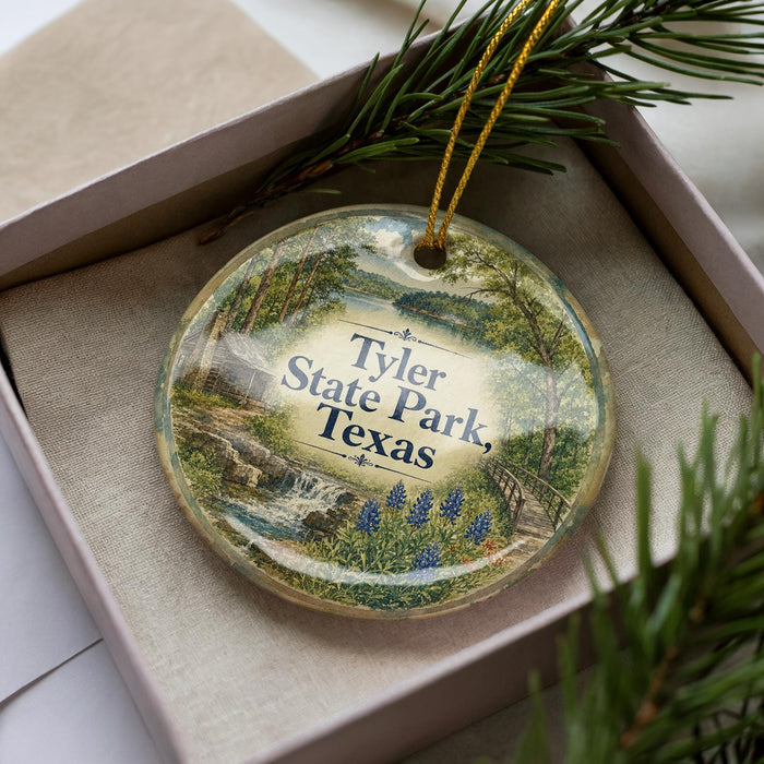 A decorative ornament in a box, featuring a scenic landscape with a waterfall and pine trees.