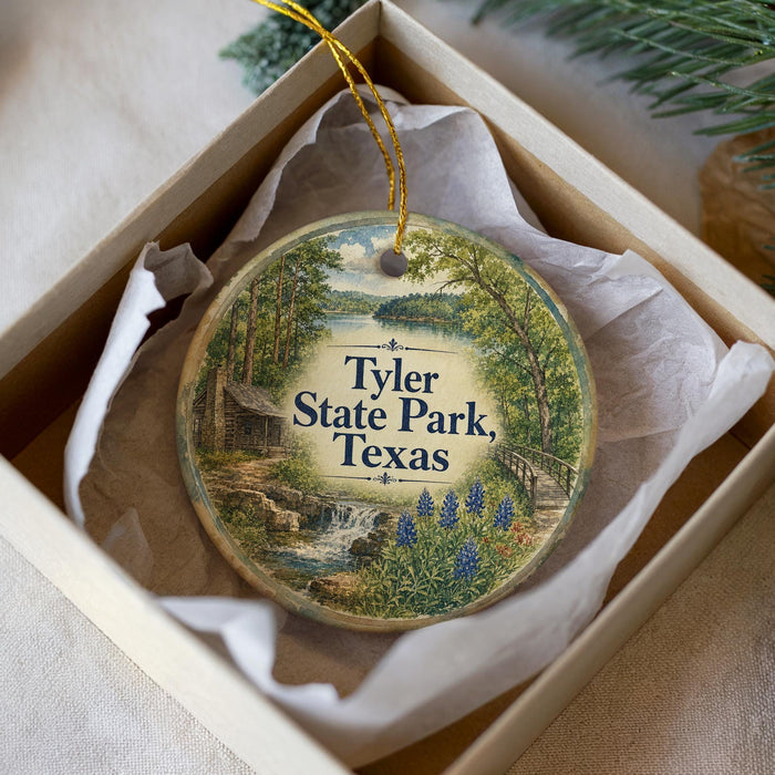 A decorative ornament in a box, featuring a scenic landscape with a waterfall and trees, with the text " Tyler State Park, Texas" prominently displayed.