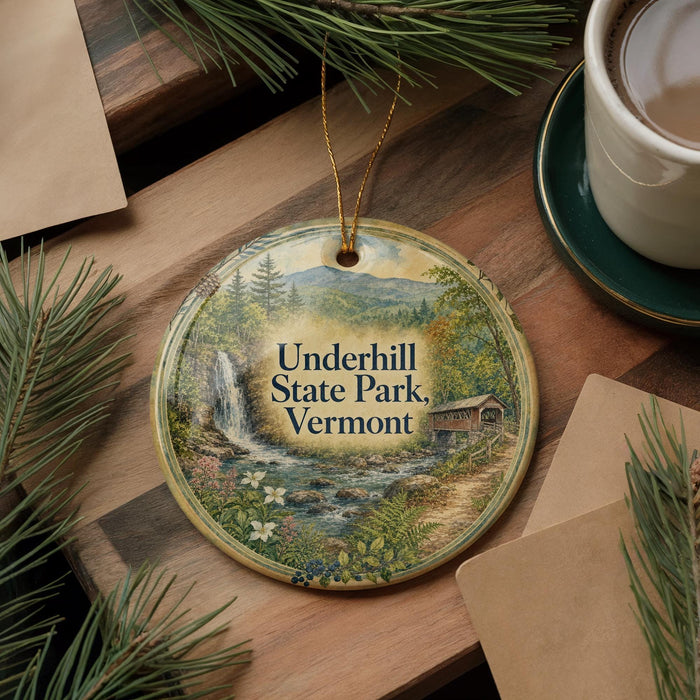 A decorative ornament featuring a scenic landscape with a waterfall, surrounded by pine branches and a cup of coffee on a wooden surface.