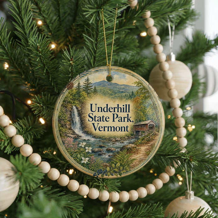 A round ornament hanging on a Christmas tree, featuring a scenic image of Underhill State Park in Vermont.