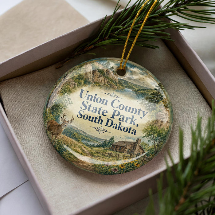 A decorative ornament in a box, featuring a scenic landscape with mountains, trees, and a cabin, along with the text "Union County State Park, South Dakota".