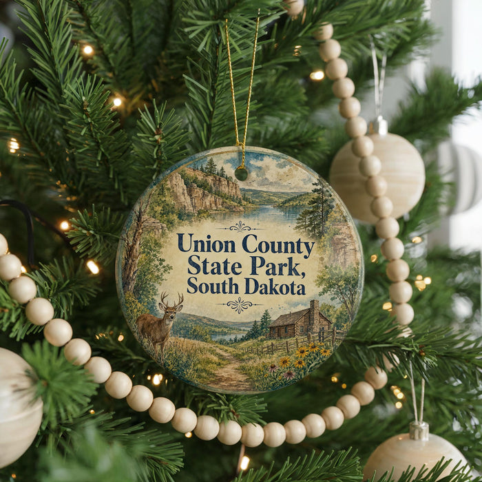 A Christmas tree ornament with a scenic landscape of Union County, South Dakota, featuring a deer and a cabin in the background.