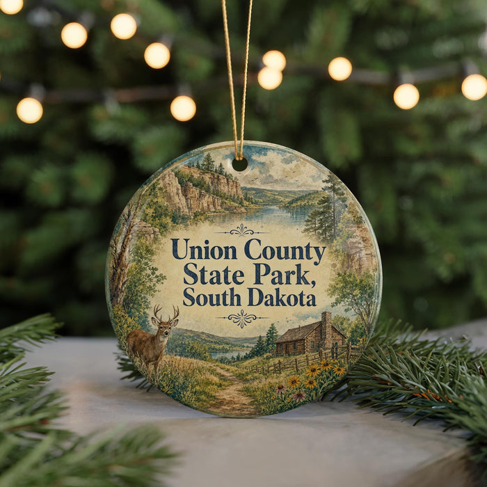 A round ornament with a scenic landscape of Union County State Park, South Dakota, featuring a deer and a cabin in the background.