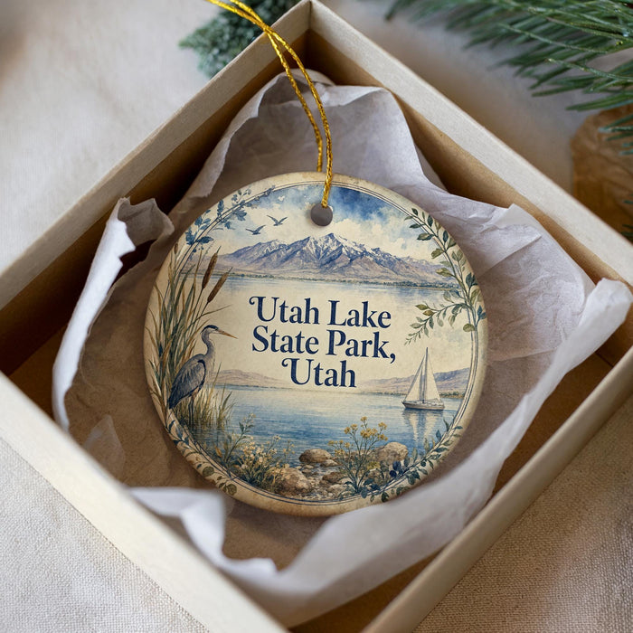 A decorative ornament in a box, featuring a scenic image of Utah Lake State Park with a boat and mountains in the background.