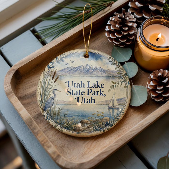 A decorative ornament with a scenic image of Utah Lake State Park, featuring a bird, mountains, and a sailboat, is displayed on a wooden tray alongside pine cones and a lit candle.