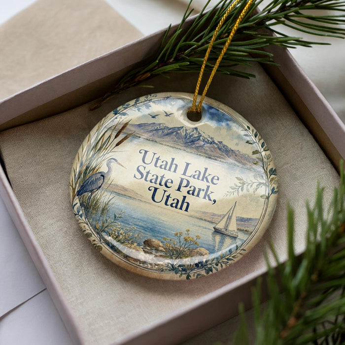 A decorative ornament in a box, featuring a scenic image of Utah Lake State Park with a bird, sailboat, and mountains in the background.