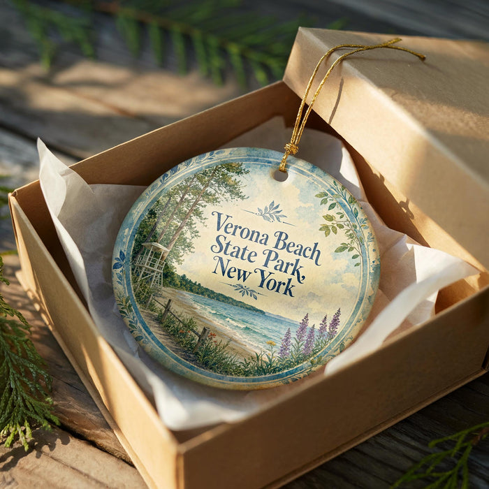 A decorative ornament in a cardboard box, featuring a scenic image of Verona Beach State Park in New York.