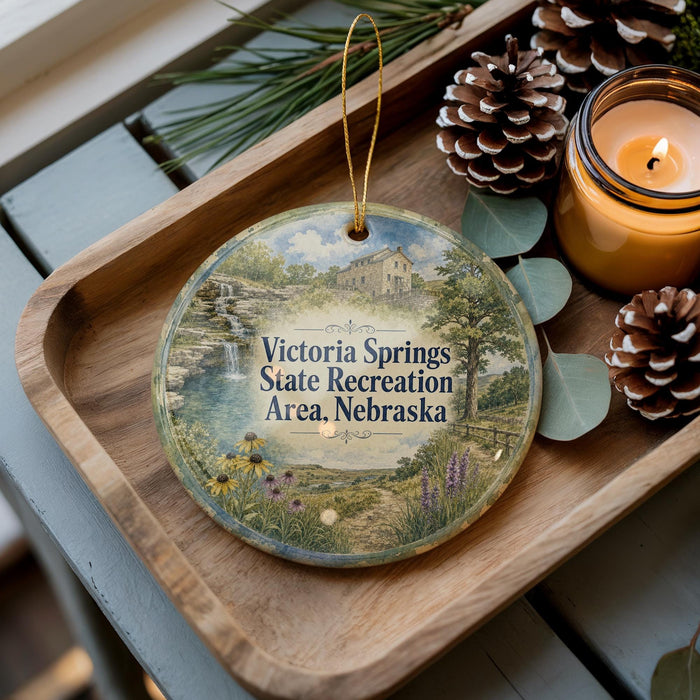A wooden tray with a decorative ornament featuring a scenic landscape of Victoria Springs State Recreation Area, Nebraska, and pine cones.