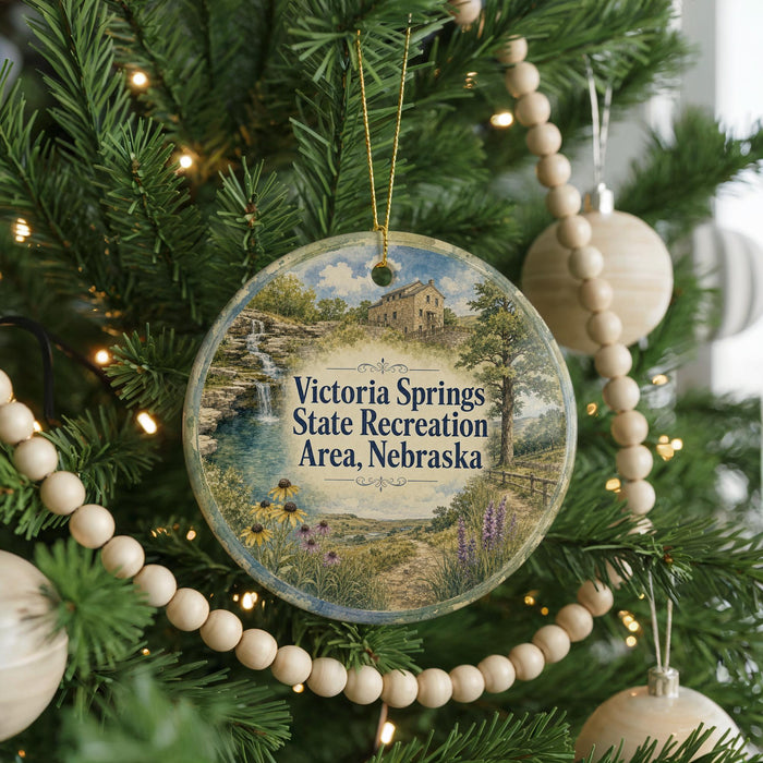 A round ornament hanging on a Christmas tree, featuring a scenic landscape with a house and a waterfall.