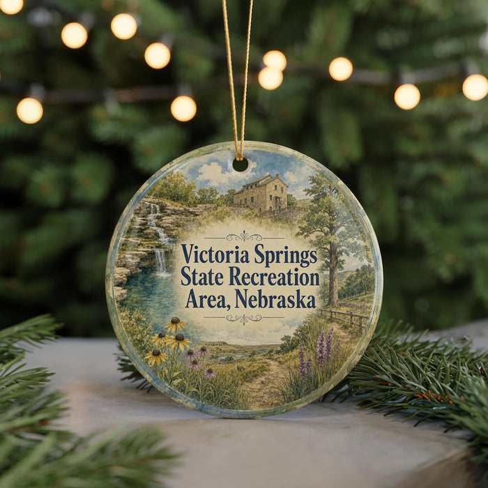 A round ornament with a scenic illustration of Victoria Springs State Recreation Area in Nebraska, featuring a waterfall, a building, and greenery.