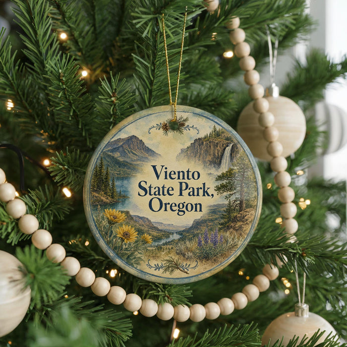 A round ornament on a Christmas tree, featuring a scenic landscape with mountains, a waterfall, and a river, with the text "Viento State Park, Oregon" displayed prominently.