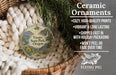 Ceramic ornaments, featuring a vintage-style design of the state park of Oregon, are displayed in a woven basket.