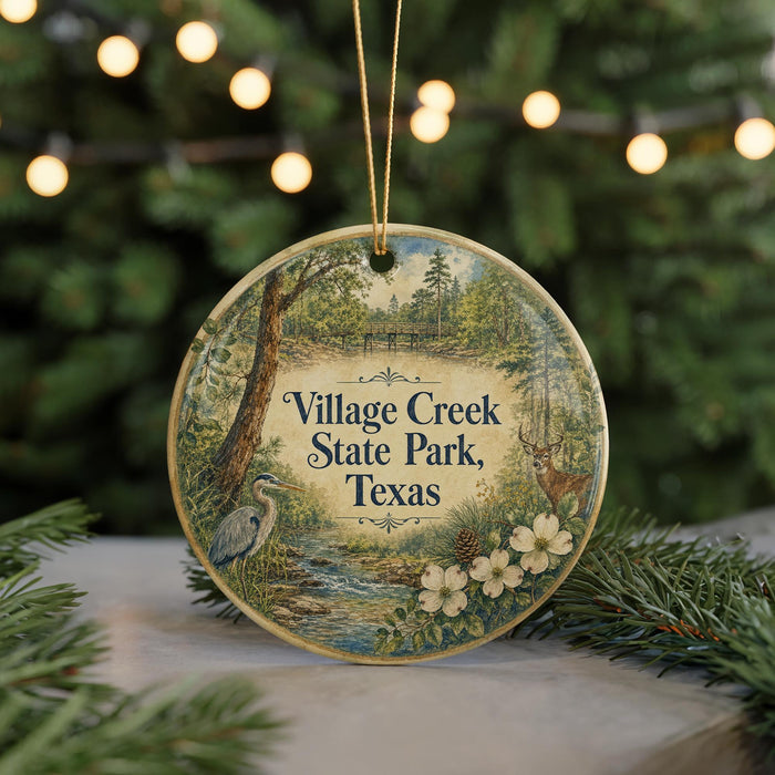 A decorative ornament featuring a scenic image of Village Creek State Park in Texas, with a bird, deer, and flowers in the foreground.