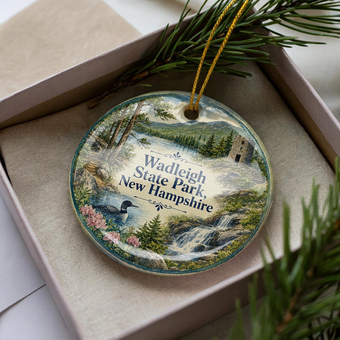 A decorative ornament featuring a scenic landscape of Wadleigh State Park, New Hampshire, with a waterfall and pine trees.