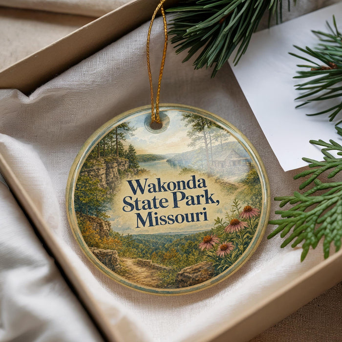 A circular ornament with a scenic landscape of Wakonda State Park, Missouri, hanging from a string.
