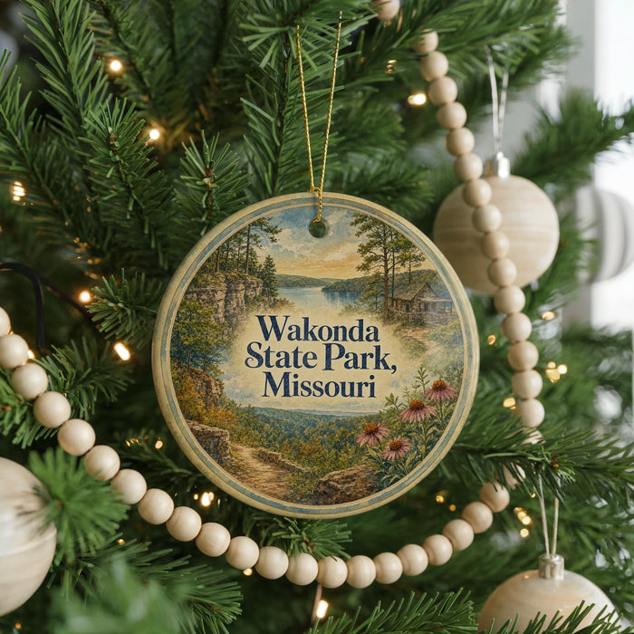 A circular ornament hanging on a Christmas tree, featuring a scenic landscape with a path leading to a cabin.