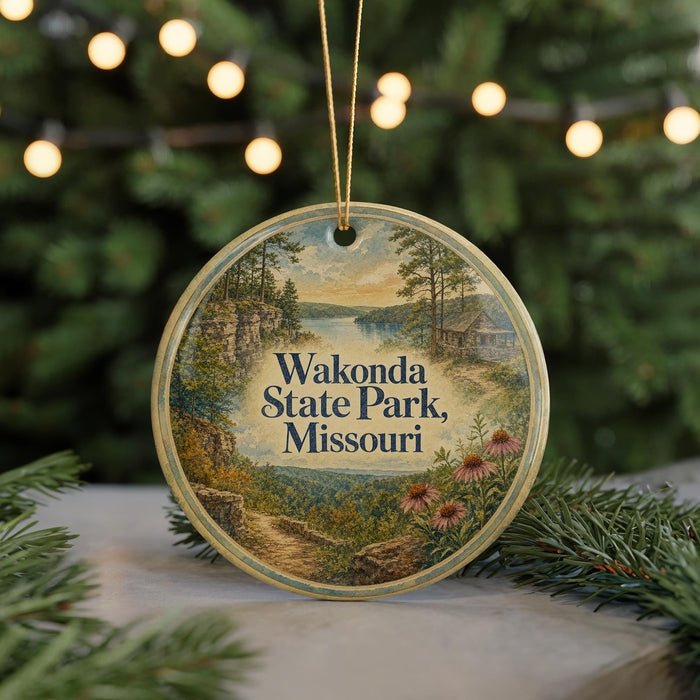 A circular ornament with a scenic landscape of Wokonda State Park, Missouri, featuring a path, flowers, and a cabin in the background, surrounded by Christmas lights.