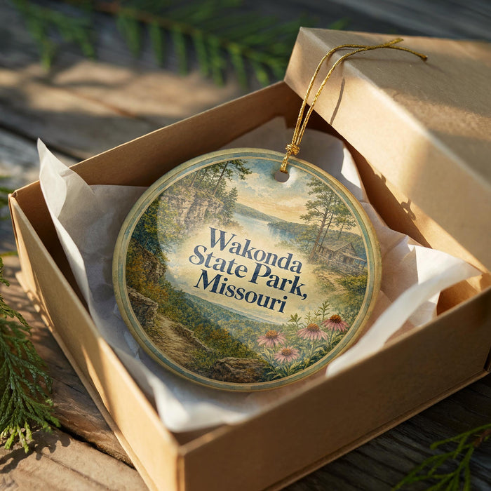 A circular ornament in a wooden box, featuring a scenic landscape with a path, flowers, and trees.