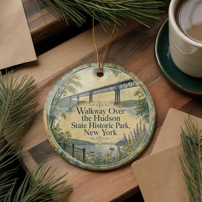 A round ornament with a scenic image of a bridge and trees, along with the text "Walkway Over the Hudson State Historic Park, New York".