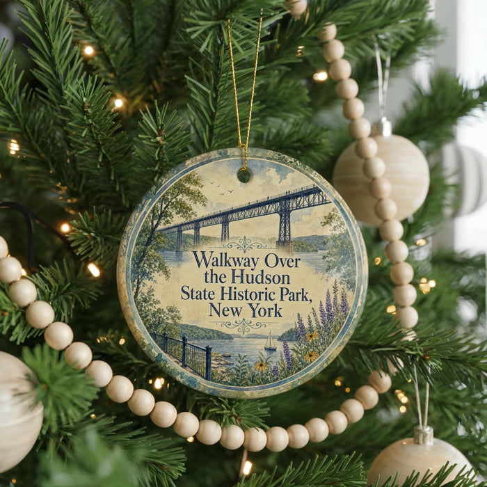 A round ornament hanging on a Christmas tree, featuring a scenic image of a bridge and greenery.