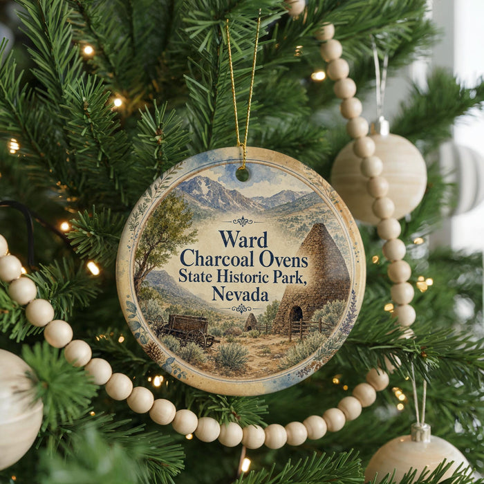 A round ornament hanging on a Christmas tree, featuring a scenic image of a historic park in Nevada.