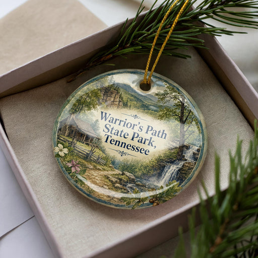 A decorative ornament in a box, featuring a scenic landscape with a waterfall and pine trees.
