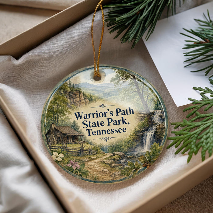 A decorative ornament with a scenic image of a cabin and a waterfall, surrounded by greenery, placed inside a box.