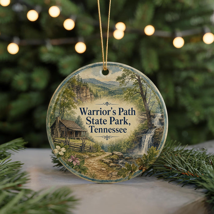 A round ornament with a scenic image of a forest and a waterfall, featuring the text "Warrior's Path State Park, Tennessee".