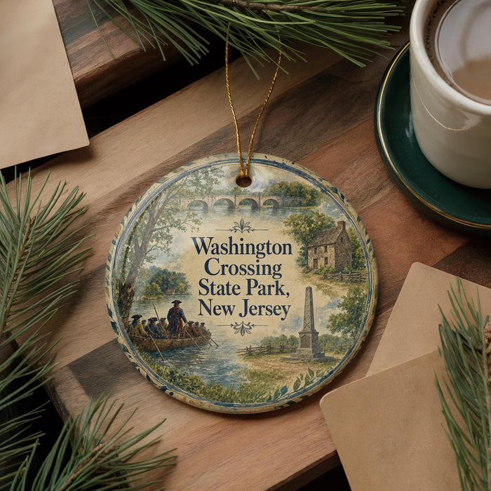 A decorative ornament featuring a scene from Washington Crossing State Park, New Jersey, with a boat and a monument, placed on a wooden surface alongside a cup of coffee and some pine branches.