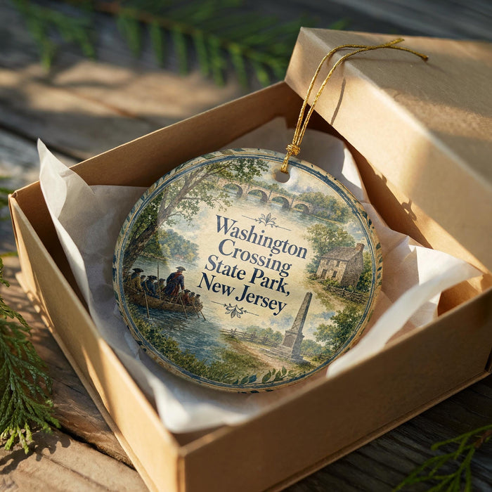 An ornament in a box, depicting a scenic view of Washington Crossing State Park in New Jersey.