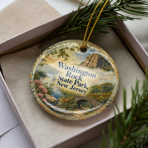 A decorative ornament in a box, featuring a scenic landscape with a mountain, trees, and a bridge.