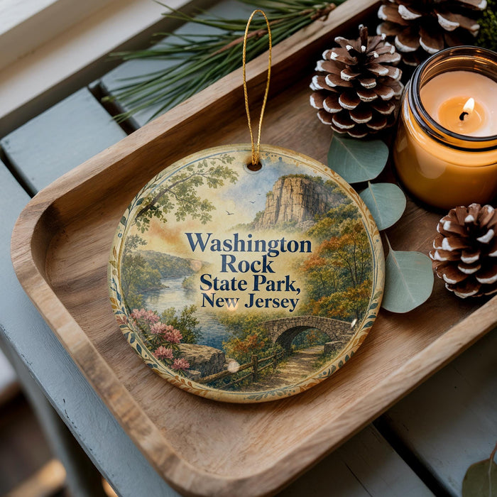 A decorative ornament featuring a scenic landscape of Washington Rock State Park, New Jersey, with pine cones and a lit candle on a wooden tray.