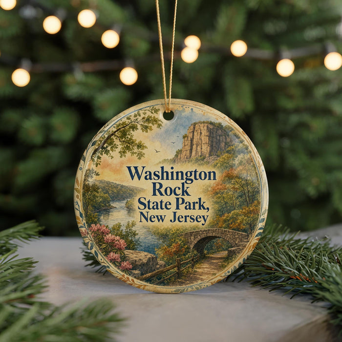 A circular ornament with a scenic landscape of Washington Rock State Park, New Jersey, featuring a bridge and trees, is displayed against a blurred background of Christmas lights.