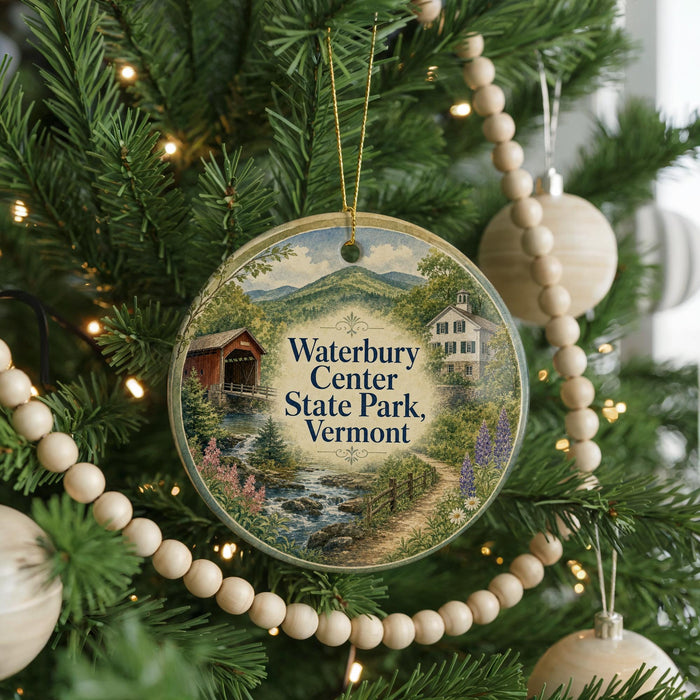 A round ornament hanging on a Christmas tree, featuring a scenic image of Waterbury Center State Park in Vermont.