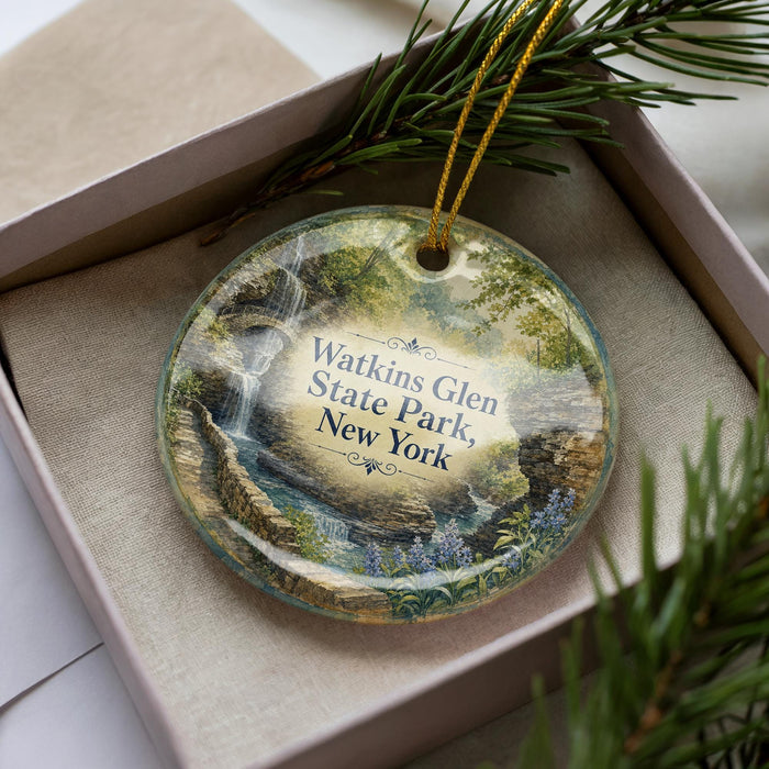 A decorative ornament with a scenic landscape of Watkins Glen State Park, New York, featuring a waterfall and pine trees.