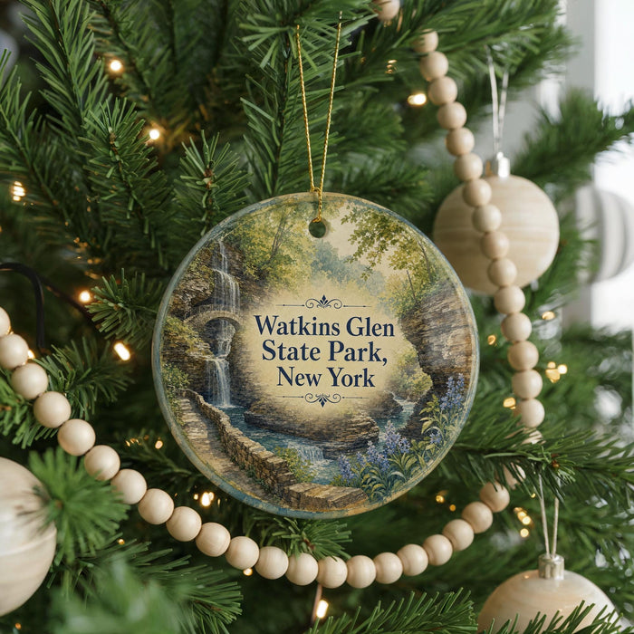 A round ornament hanging on a Christmas tree, featuring a scenic image of Watkins Glen State Park in New York.