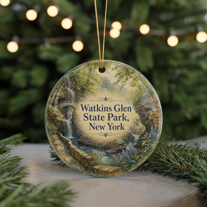 A round ornament with a scenic landscape featuring a waterfall and greenery, hanging from a string.