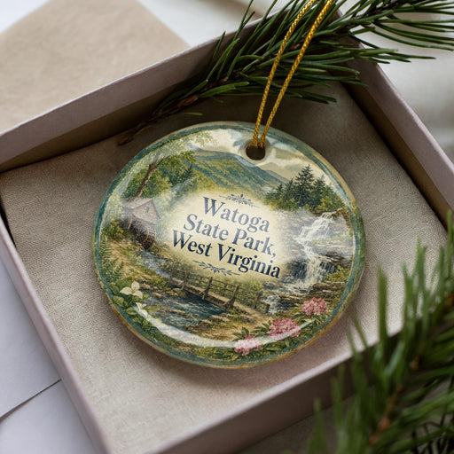 A decorative ornament with a scenic landscape of Watoga State Park, West Virginia, featuring a waterfall, pine trees, and a small cabin.