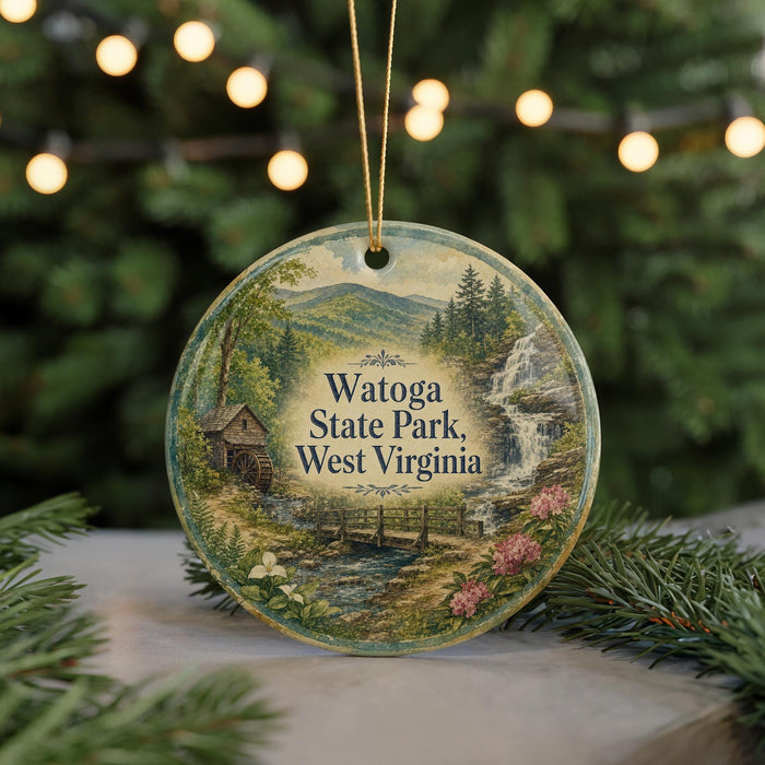 A round ornament with a scenic landscape of Watoga State Park, West Virginia, featuring a waterfall, a cabin, and pine trees.