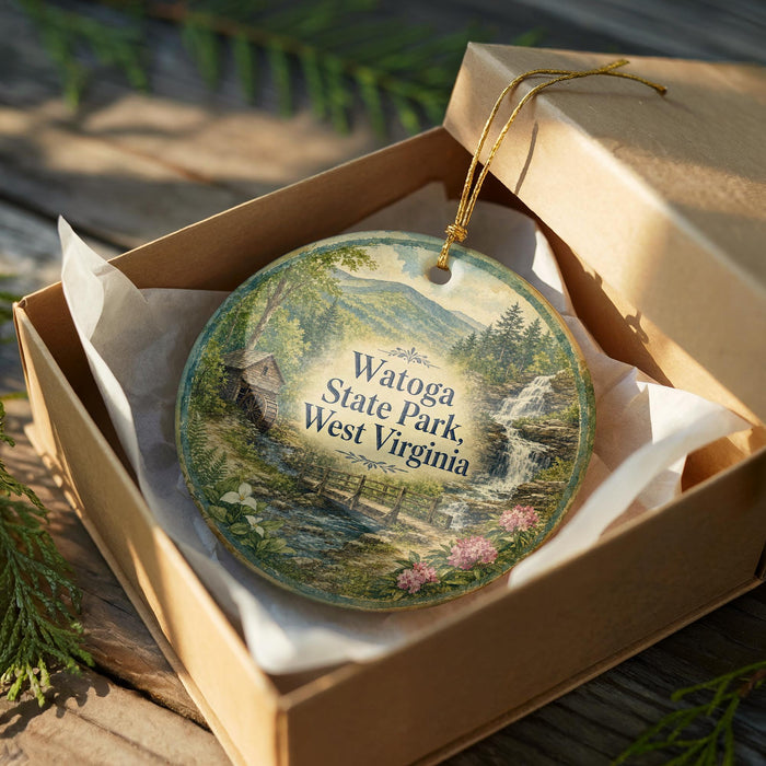A decorative ornament in a box, featuring a scenic landscape with a waterfall and pine trees, with the text "Watoga State Park, West Virginia" prominently displayed.