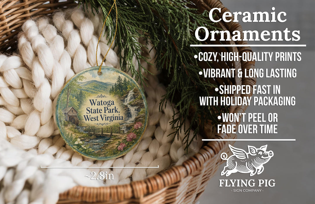 Ceramic ornaments, featuring a scenic image of Watoga State Park, West Virginia, hanging from a wicker basket.