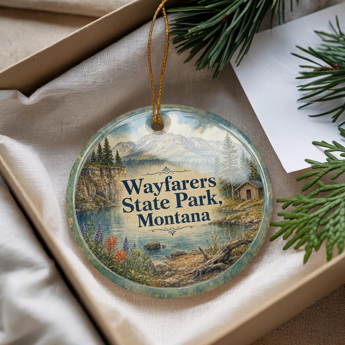 A round ornament with a scenic landscape of Wayfarers State Park, Montana, featuring mountains, pine trees, and a lake.