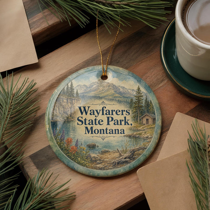 A round ornament with a scenic landscape of Wayfarers State Park, Montana, featuring mountains, pine trees, and a lake.