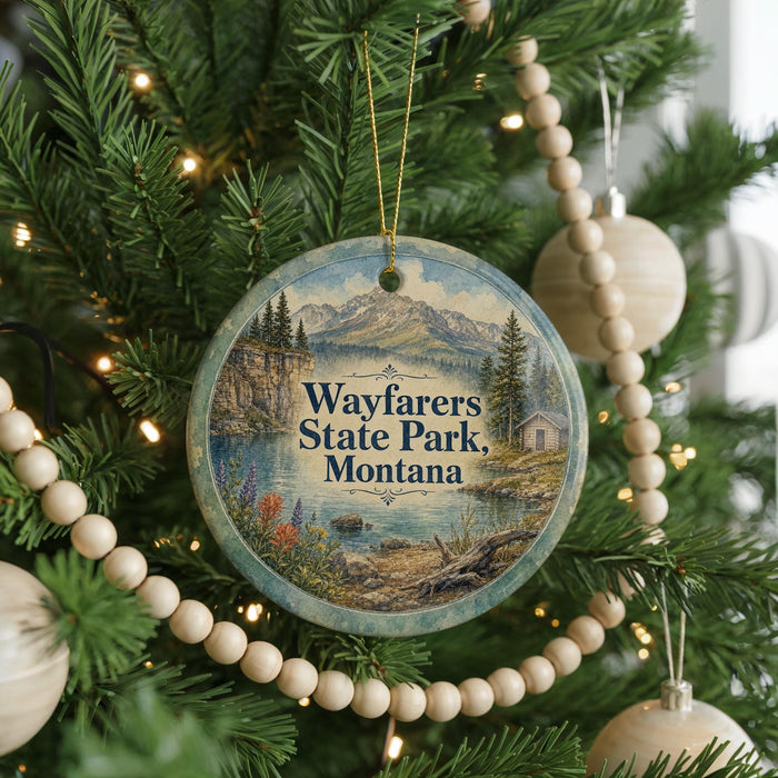 A round ornament hanging on a Christmas tree, featuring a scenic landscape with mountains, trees, and a lake.