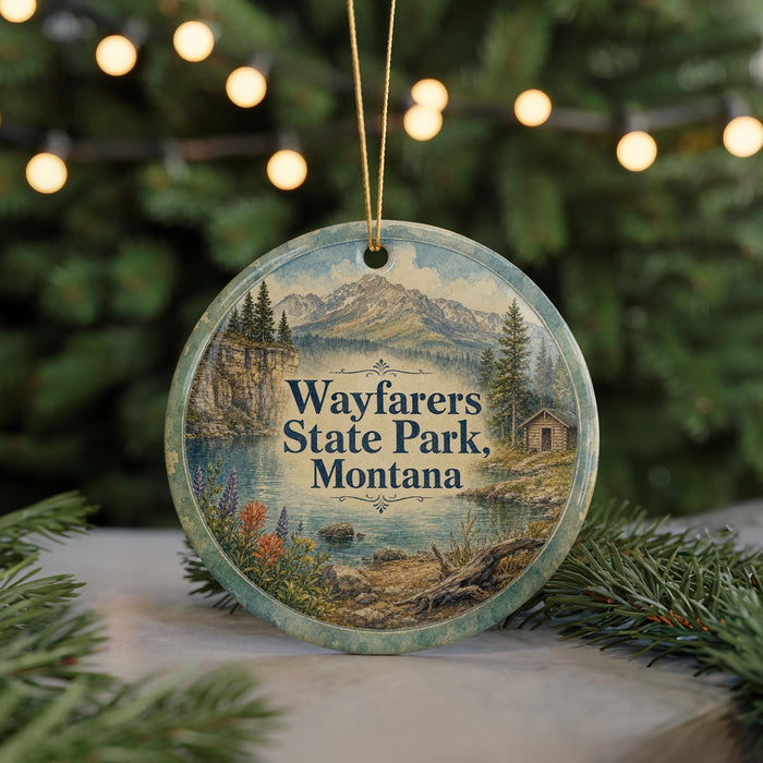 A round ornament with a scenic landscape of mountains, trees, and a lake, featuring the text "Wayfarers State Park, Montana" on it.