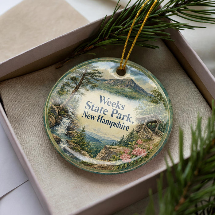 A decorative ornament with a scenic landscape of Weeks State Park in New Hampshire, featuring a mountain, waterfall, and pine trees.